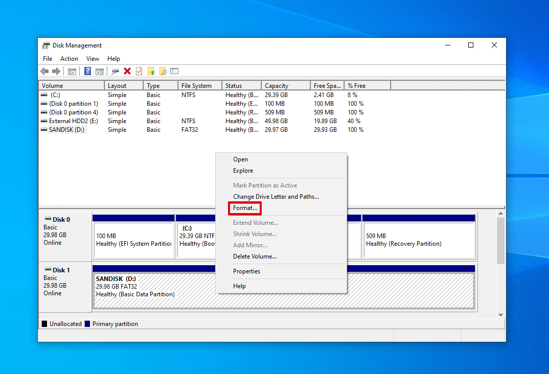 Formatting the SD card using Disk Management.