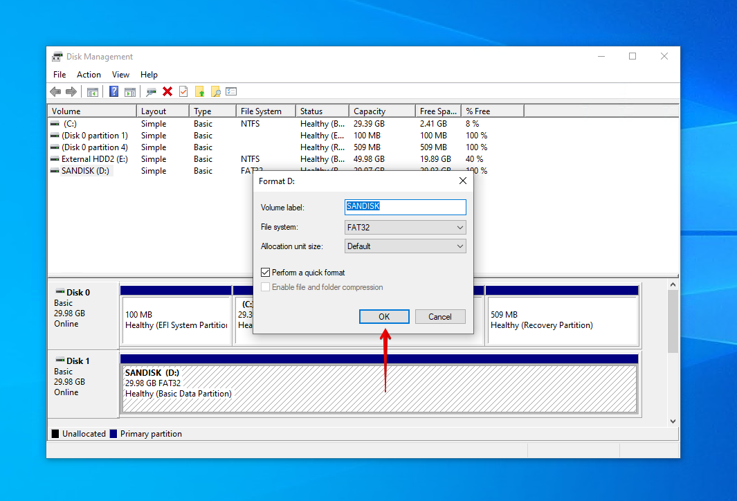 Completing the SD card format in Disk Management.