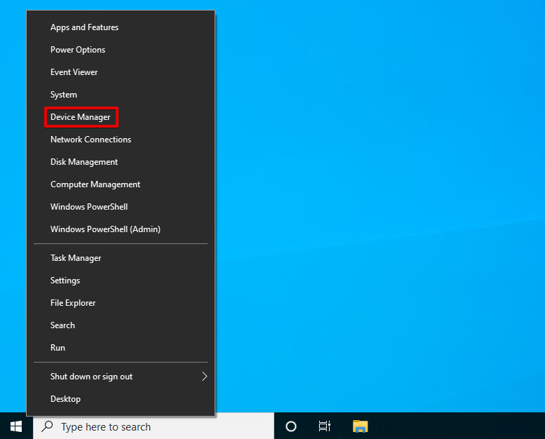 Opening Device Manager on Windows 10.