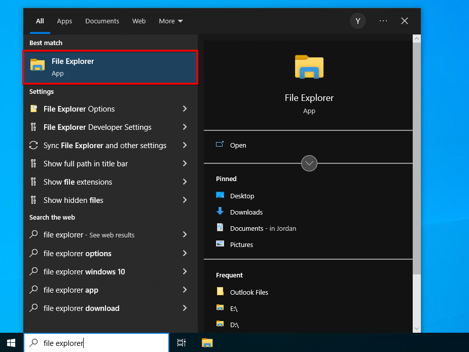 Opening File Explorer on Windows 10.