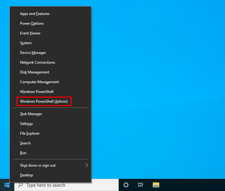 Opening Windows PowerShell (Admin) on Windows 10.
