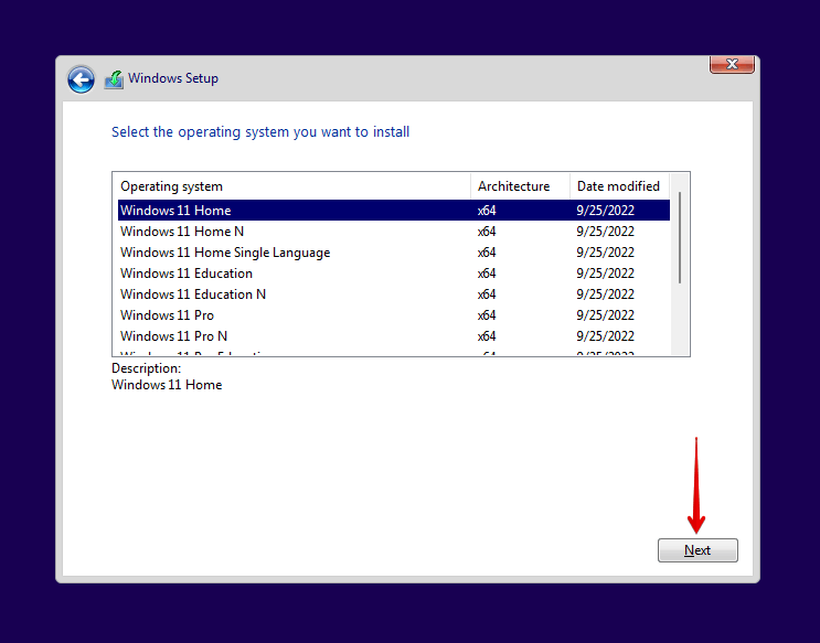 Selecting a Windows version to install.
