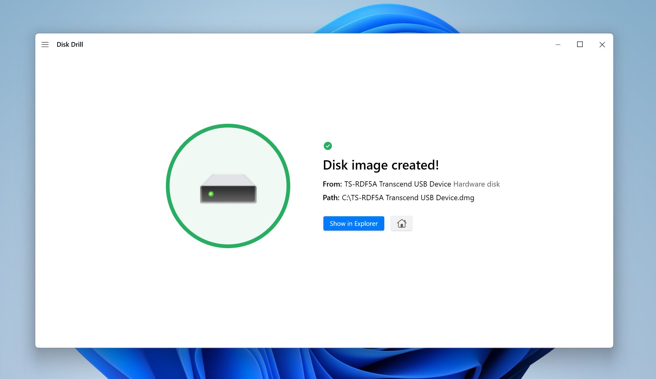Disk Drill image creation complete screen.