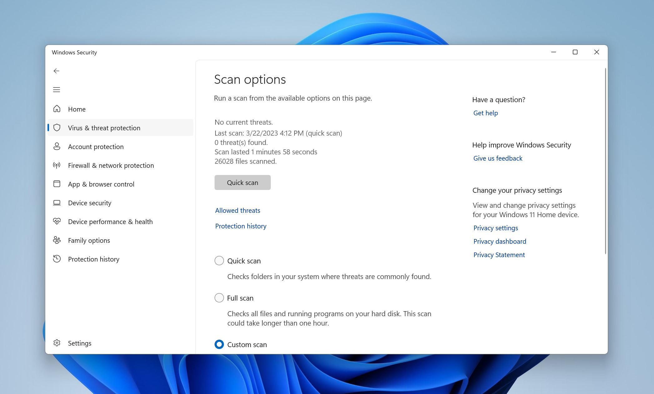 Windows Defender scan options.