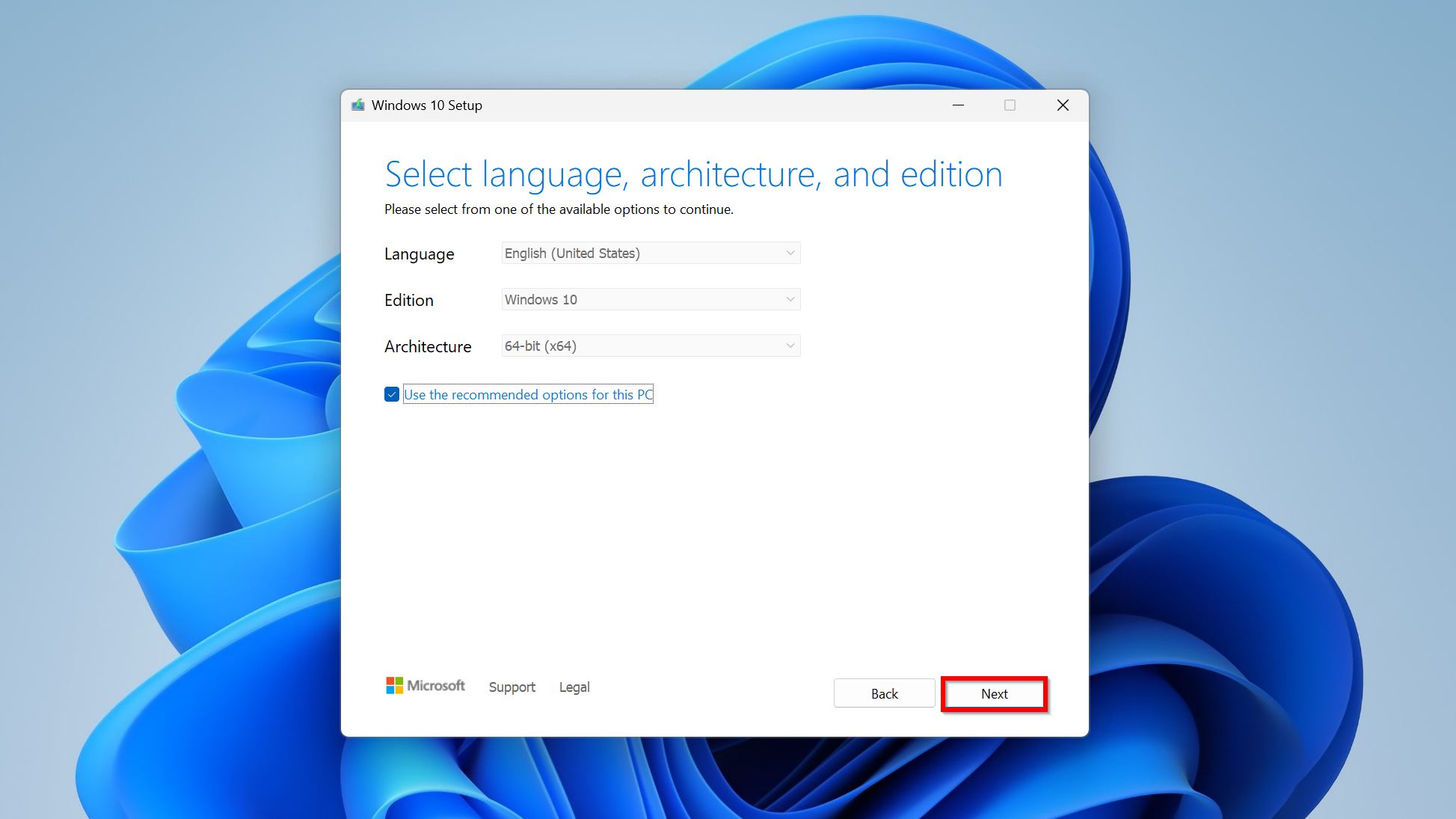 Windows language and architecture selection.