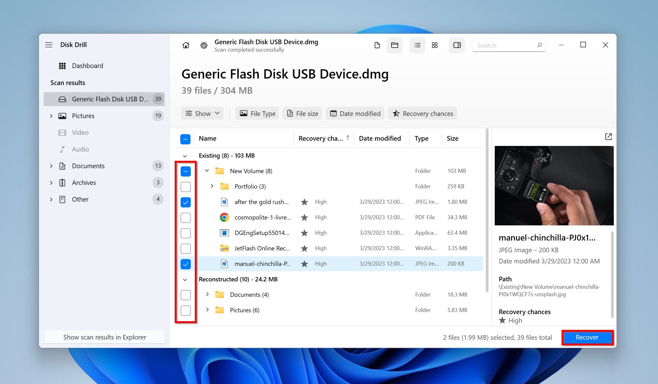 List of recoverable files in Disk Drill.