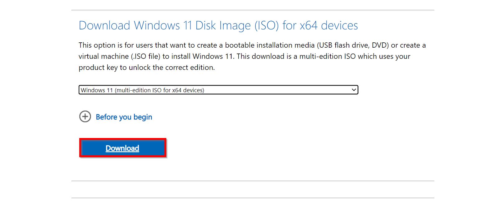 Windows 11 ISO download page.
