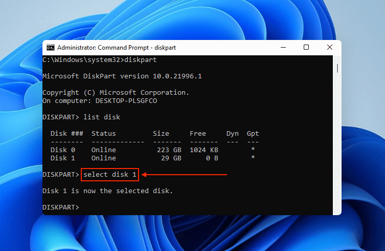 select drive disk command in Command Prompt