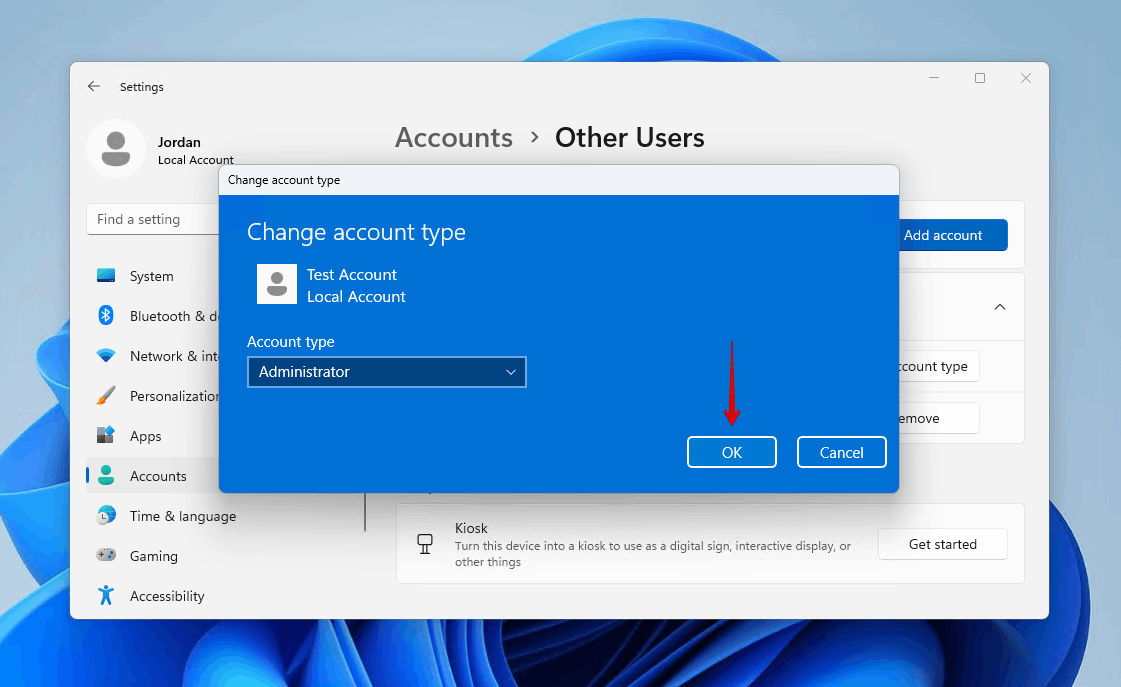 Selecting the admin account type.