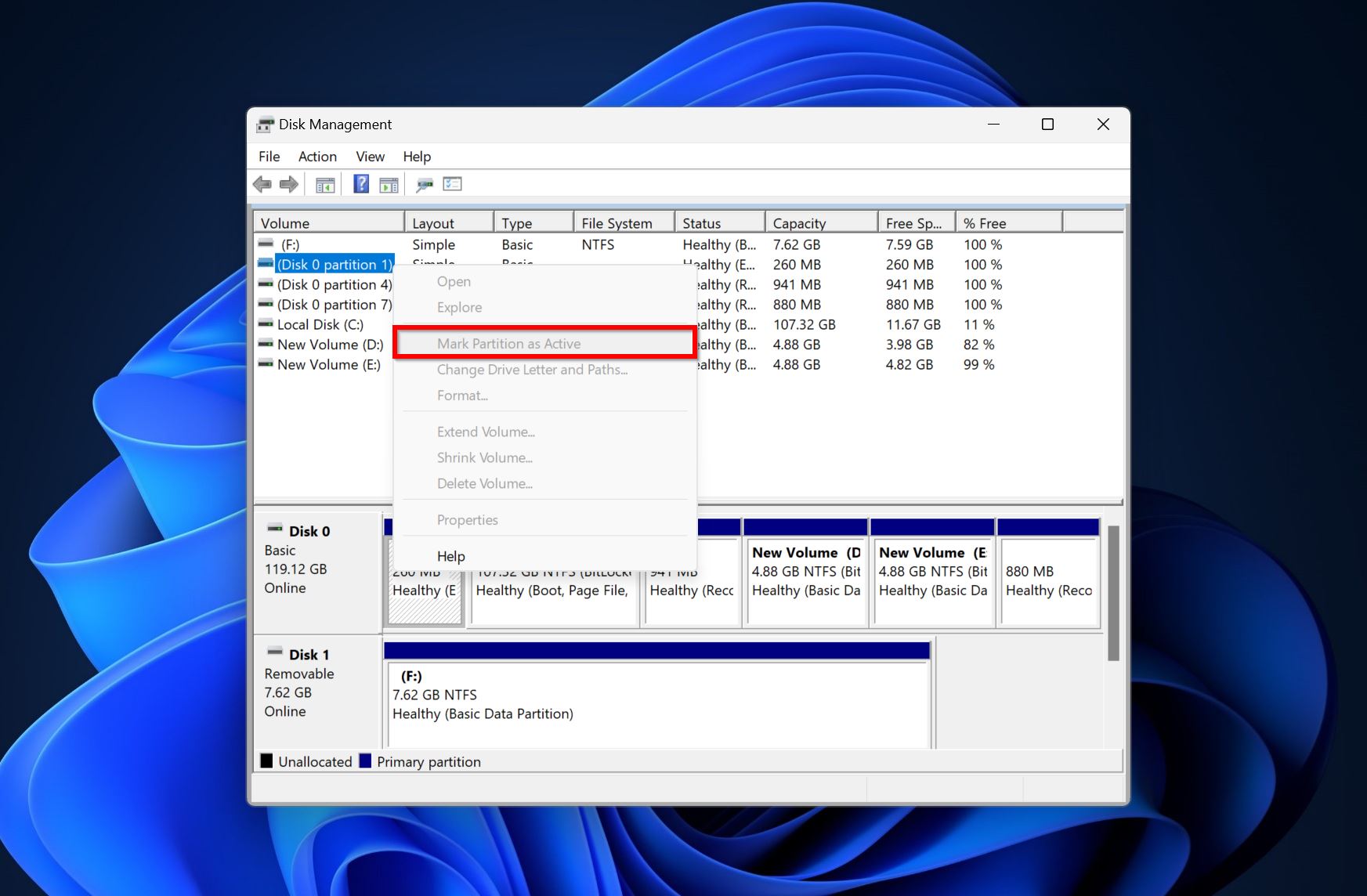 Mark partition as active.