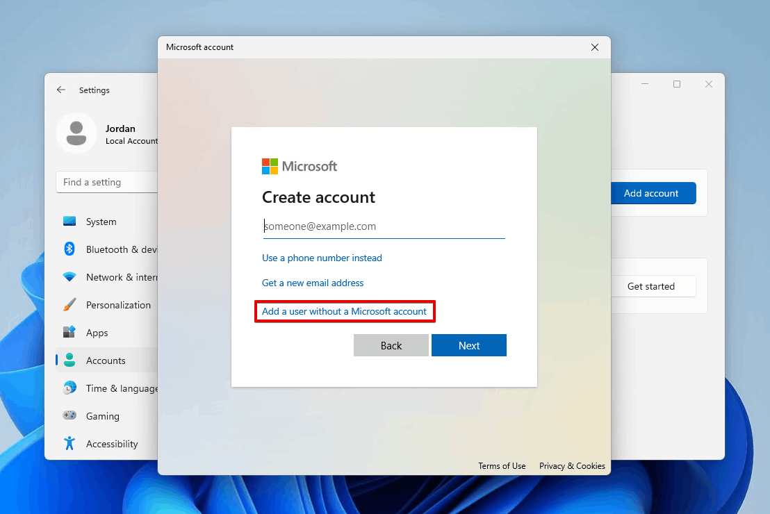 Choosing the option without a Microsoft account.