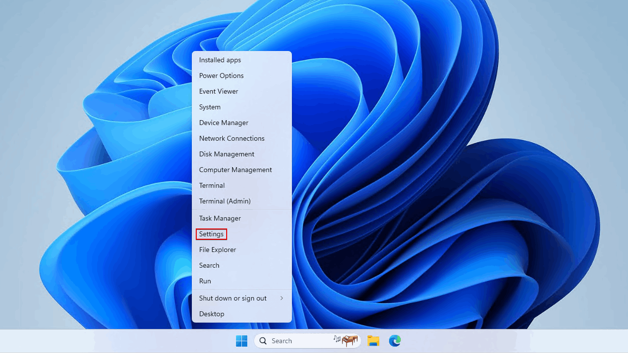 Opening Settings on Windows 11.