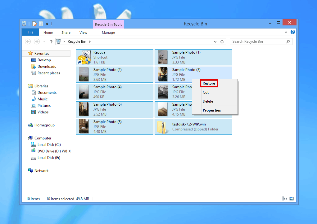 Restoring files from Recycle Bin.