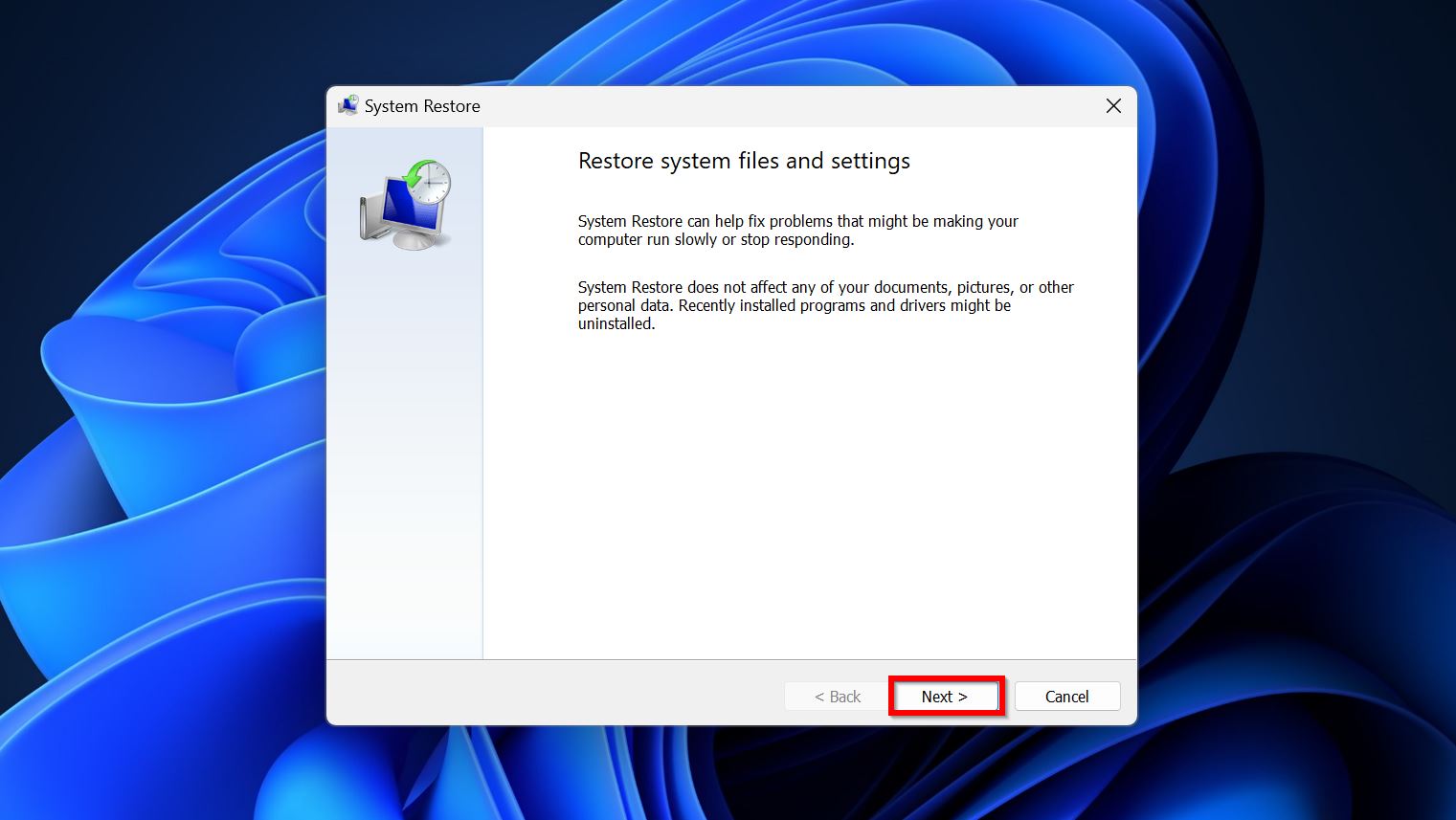 System restore welcome.