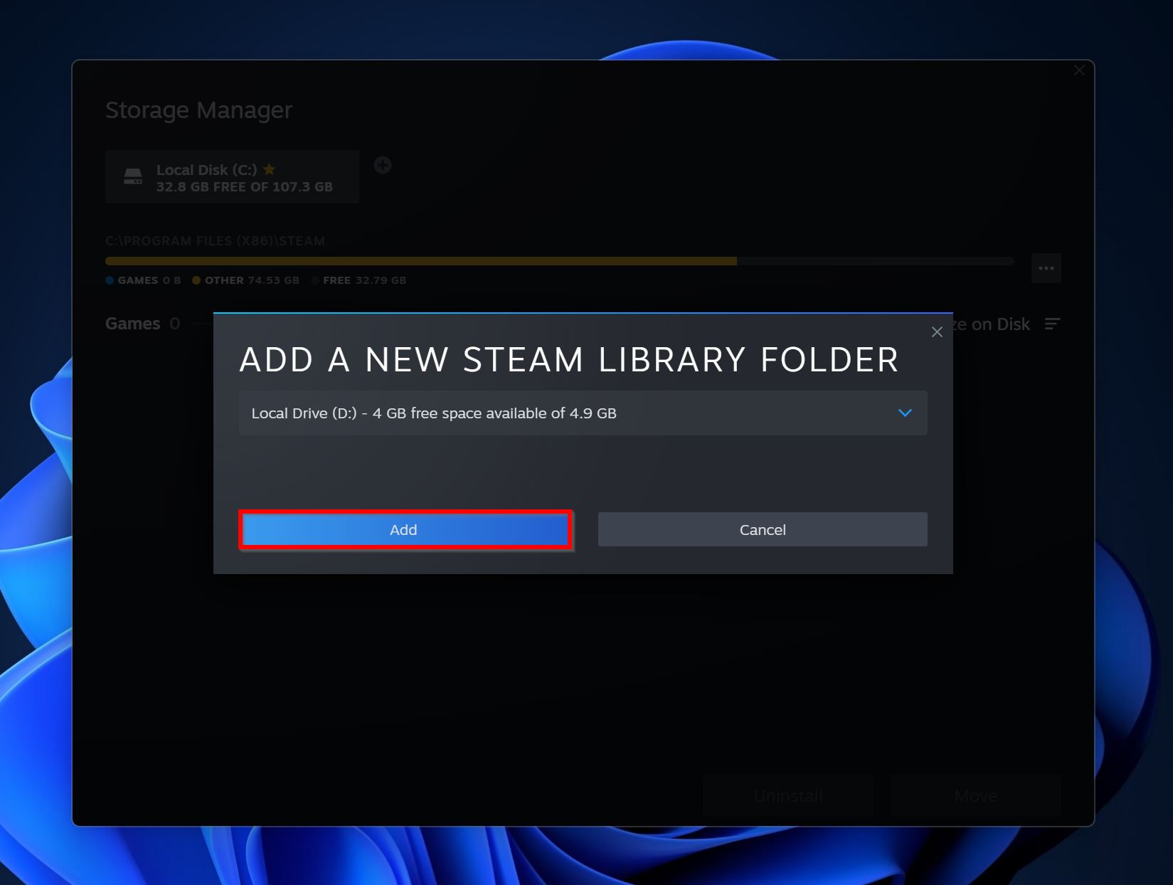 Add a library folder in Steam.