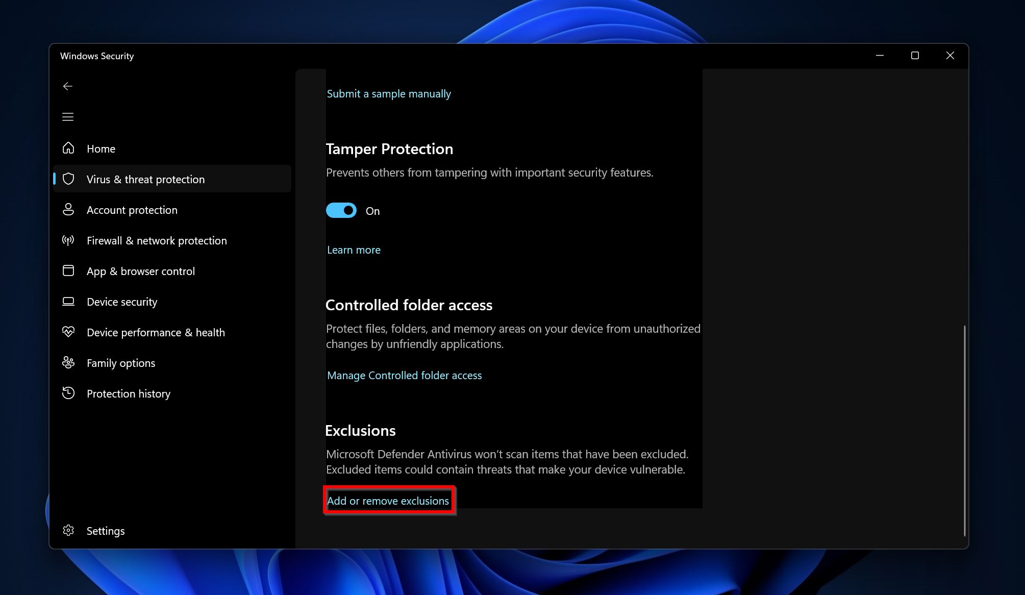 Add or remove exclusions in Windows Defender.