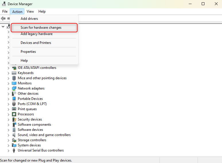 Reinstalling the driver by scanning for hardware changes in the Device Manager.
