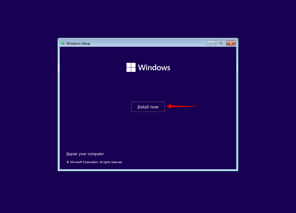 Choosing to install Windows.