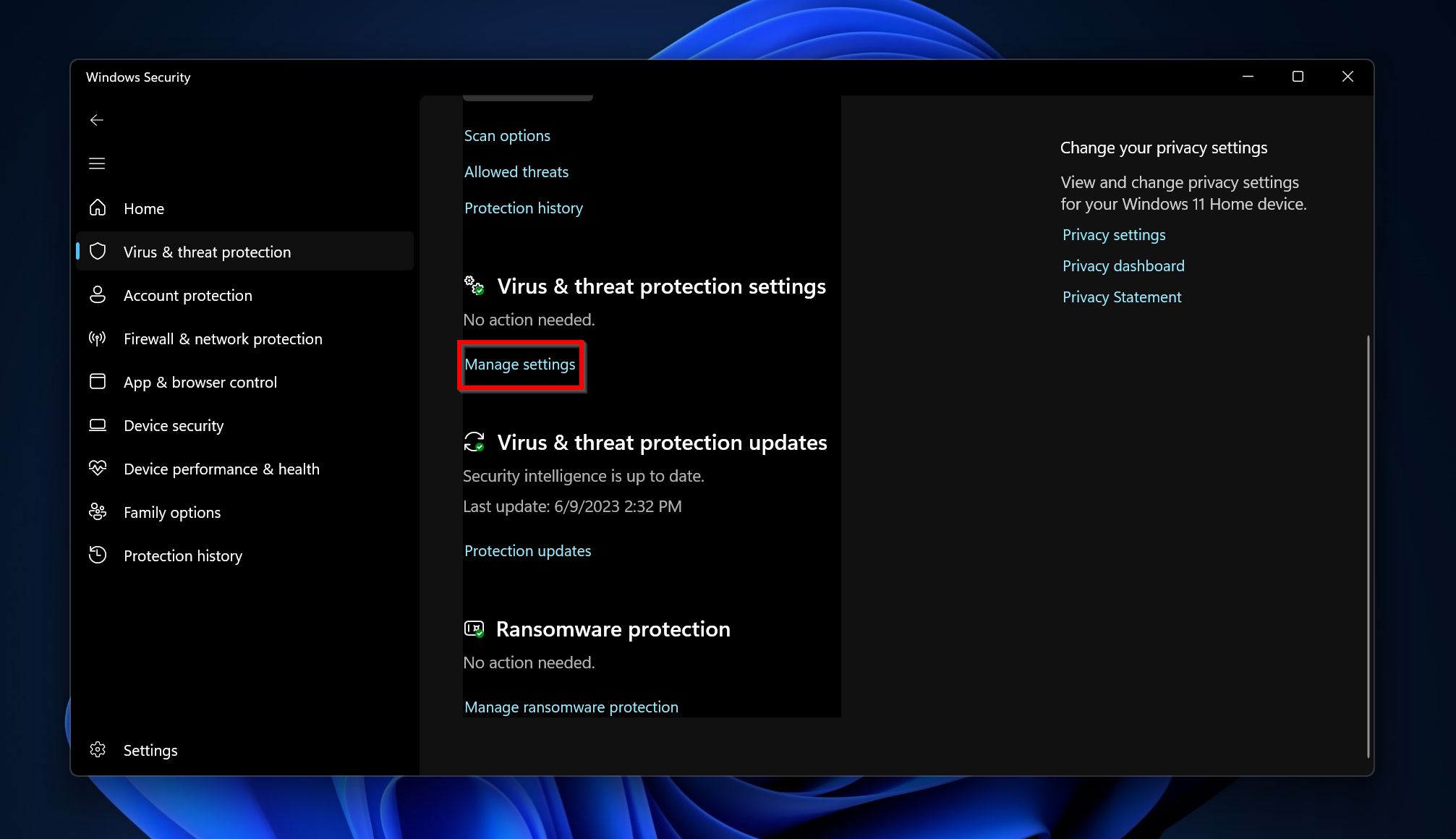 Manage virus and threat protection settings.