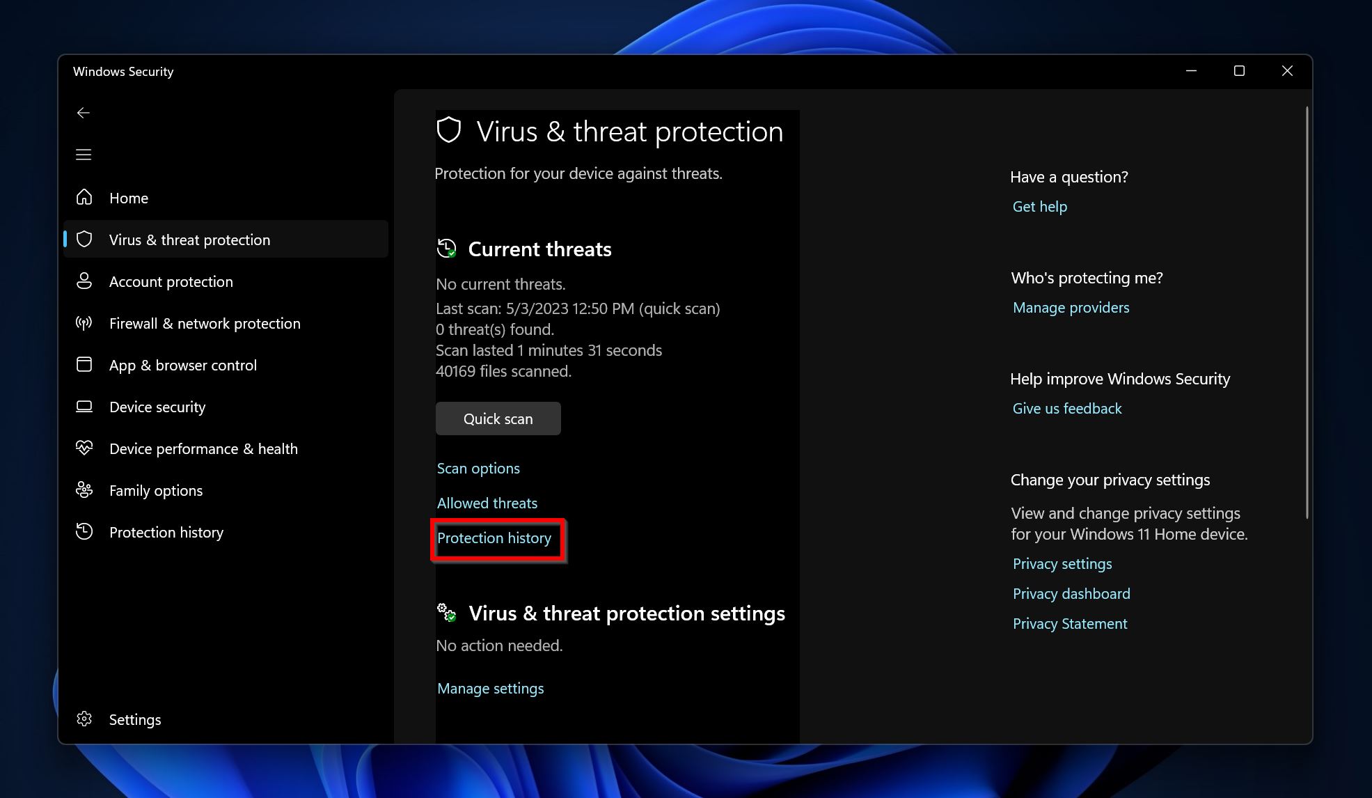 Protection history option in Windows Defender.