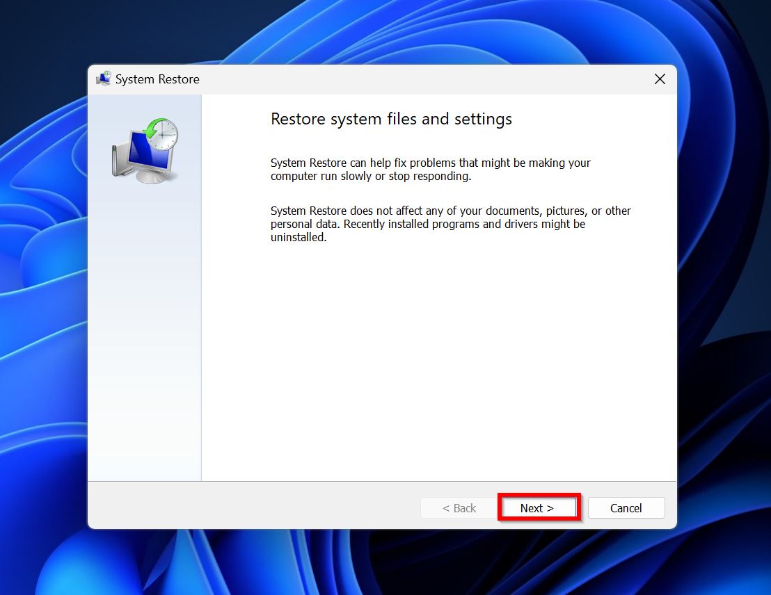 System Restore welcome.