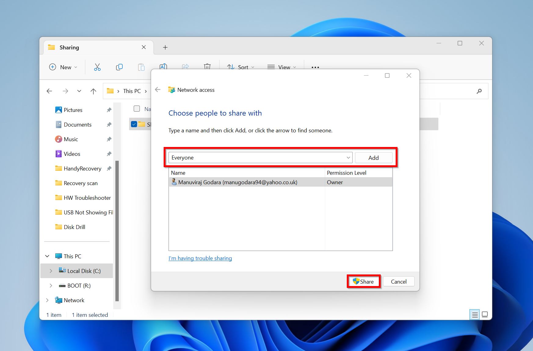 Shared folder settings in Windows.
