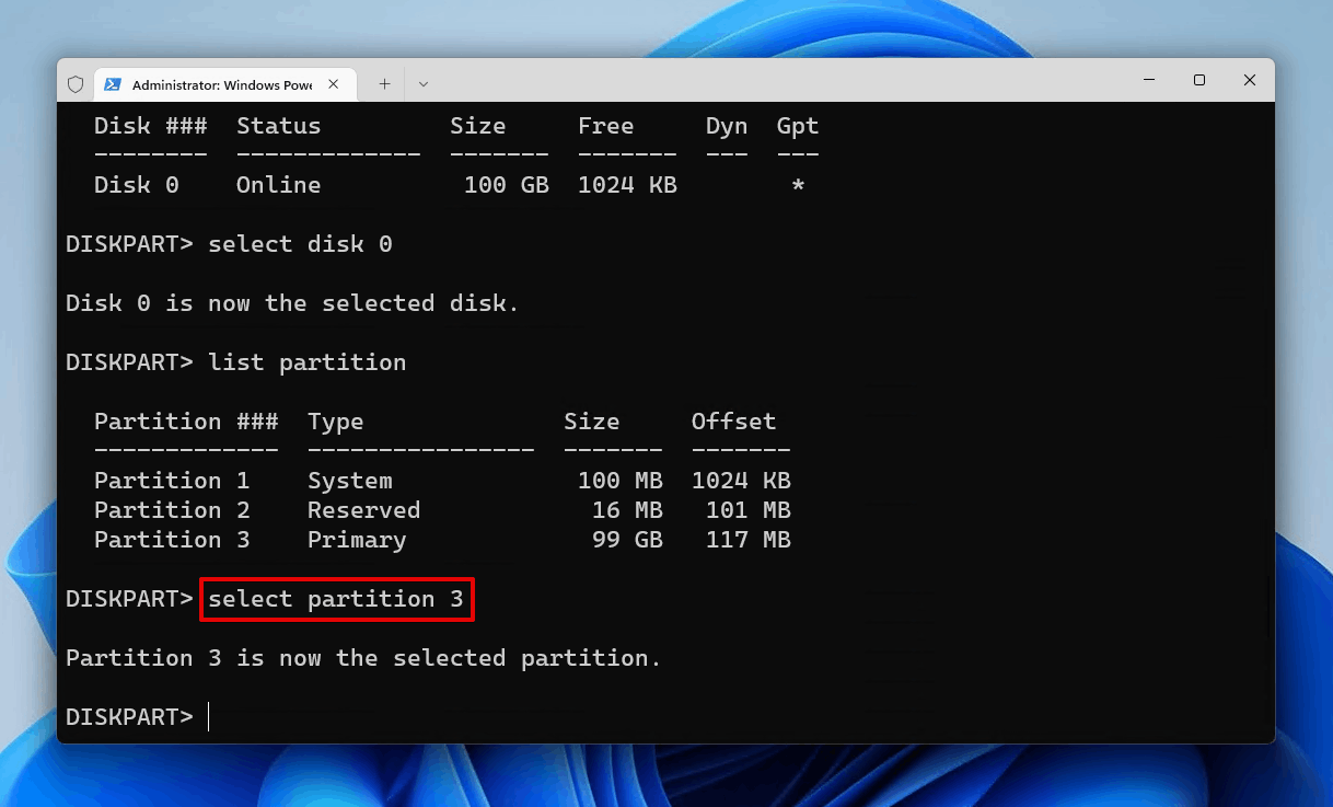 Selecting the partition.