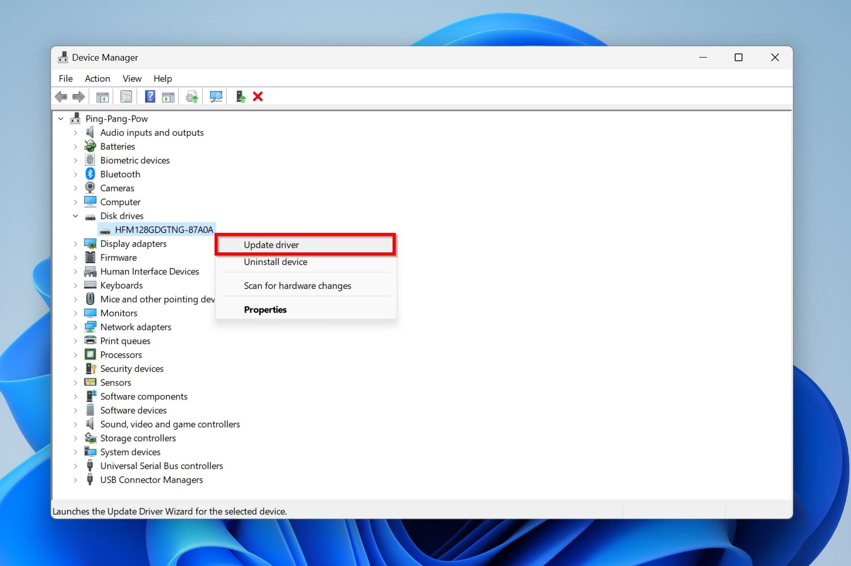 Update driver option in Device Manager.