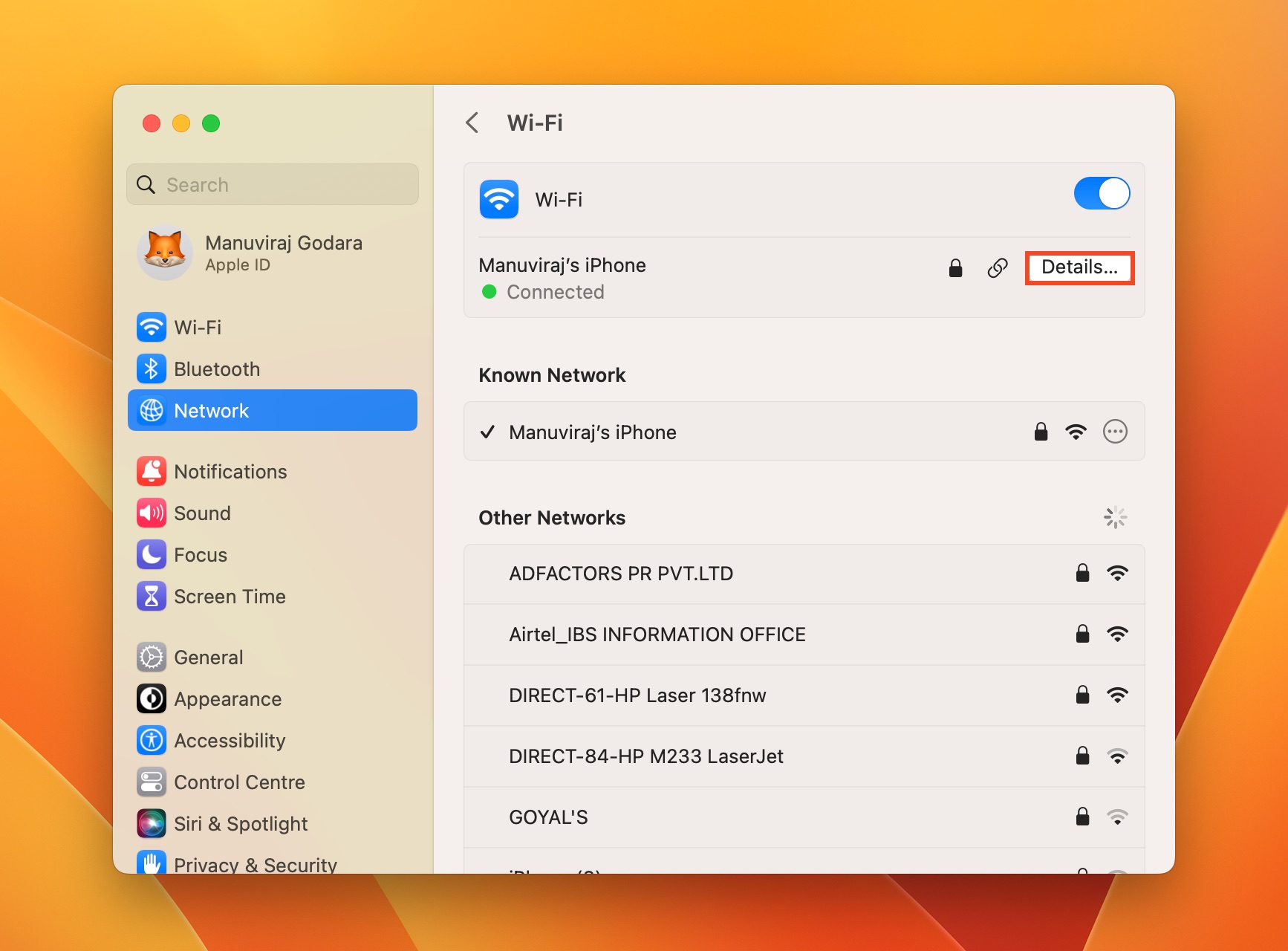 WiFi settings in macOS.