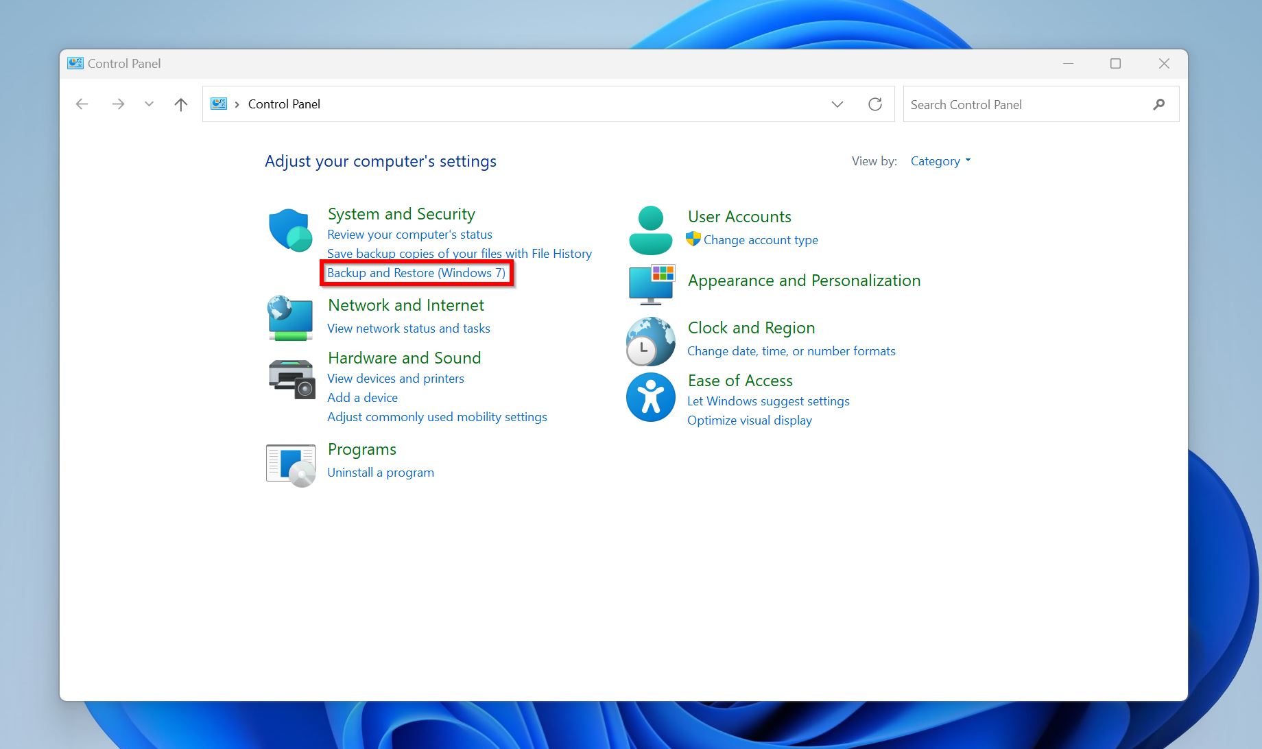 Backup and Restore (Windows 7) option.