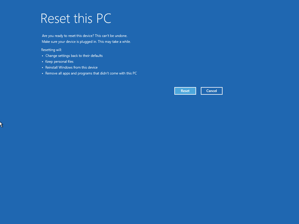 Confirming the Windows reset.