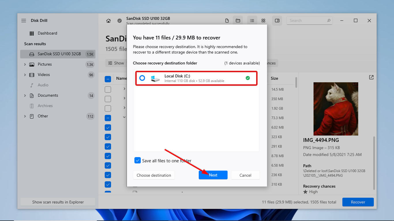 select where you want to place your recovered files
