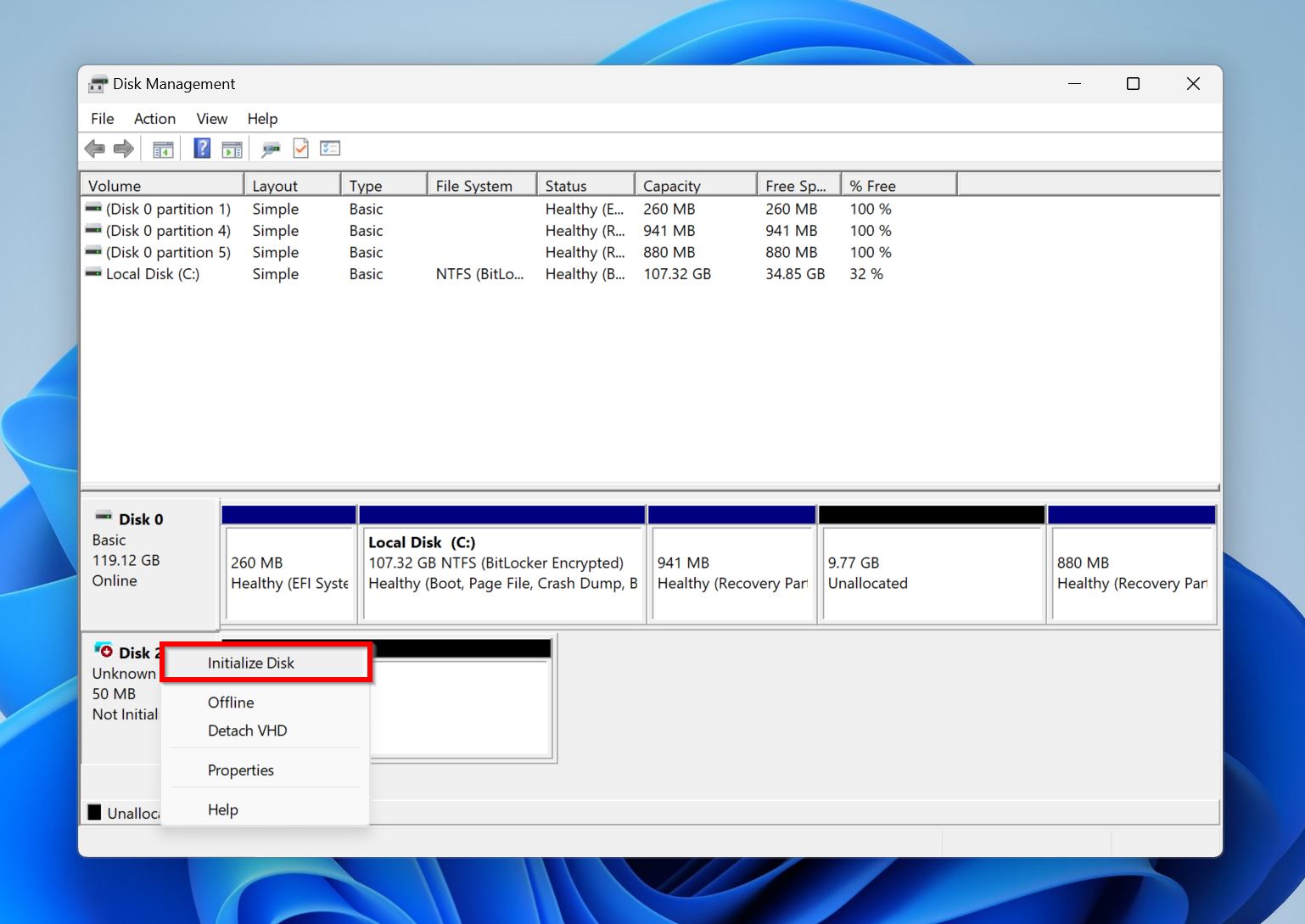 Initialize option in Disk Management.