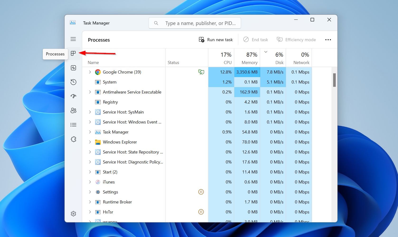 Processes tab in Task Manager.