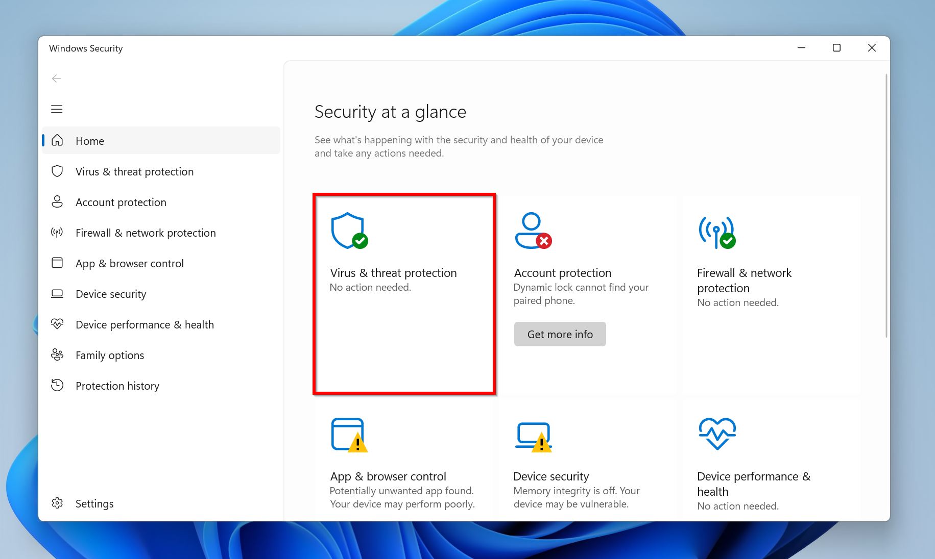 Virus & threat protection option in Windows Security.