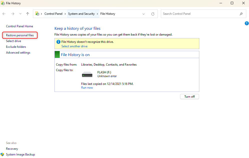 Restoring personal files using the File History app.