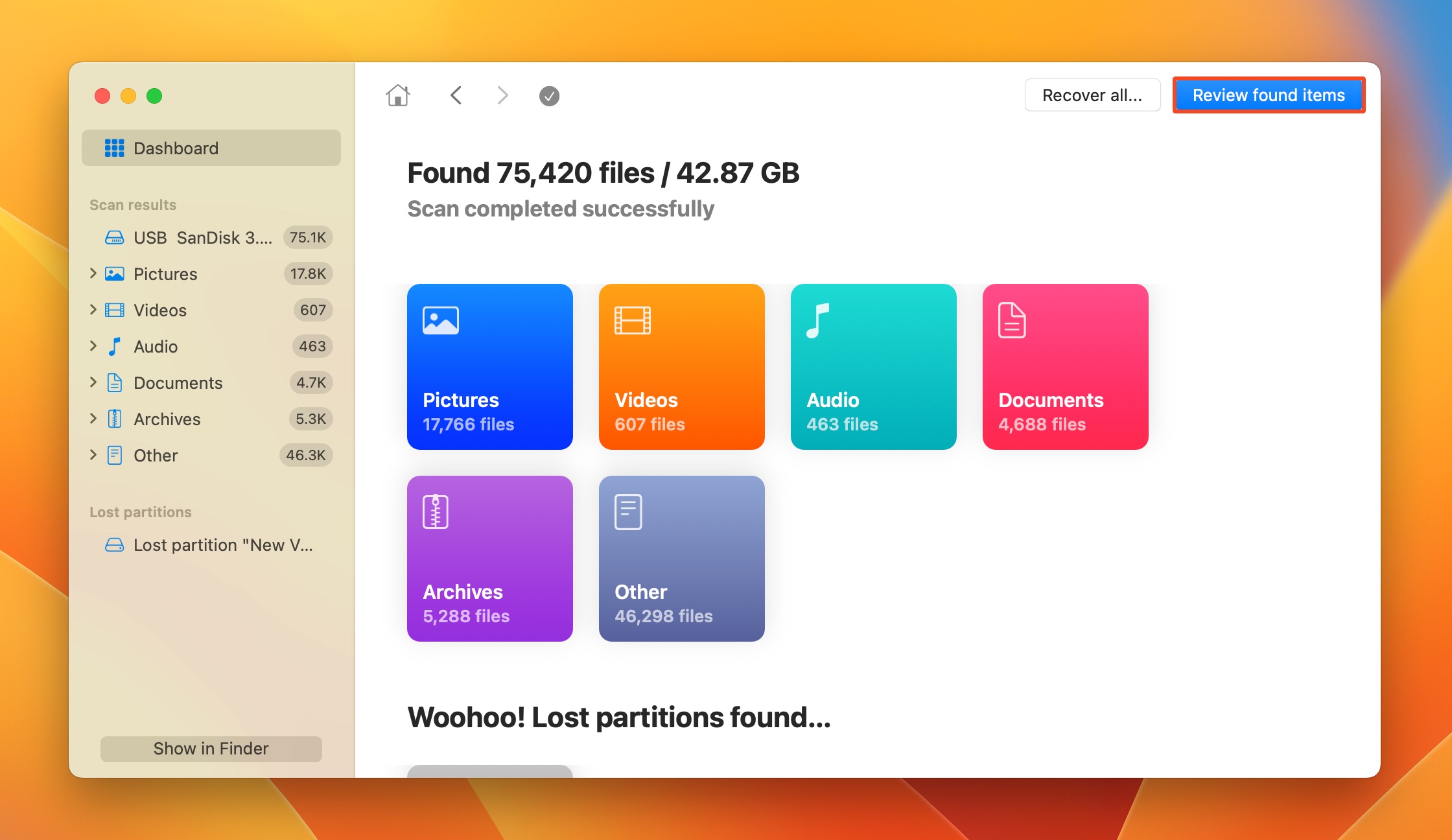 Review found items screen in macOS.