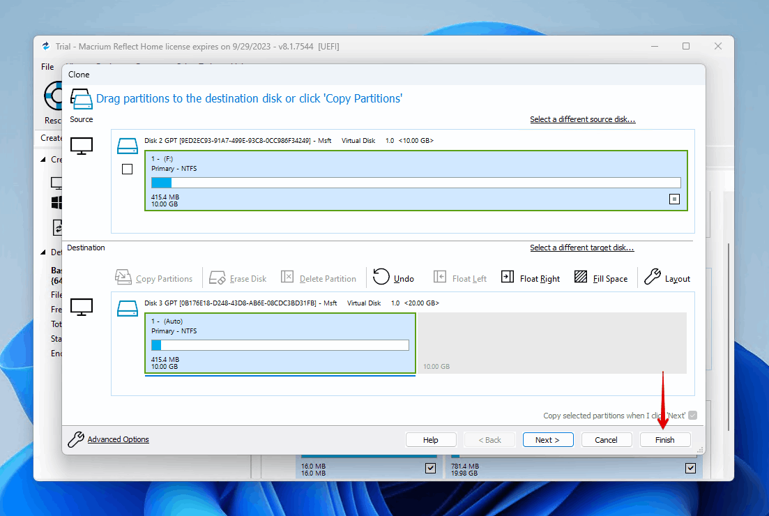 Selecting the destination disk.