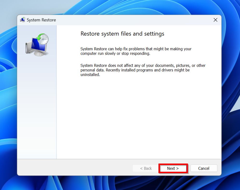 System Restore welcome screen.