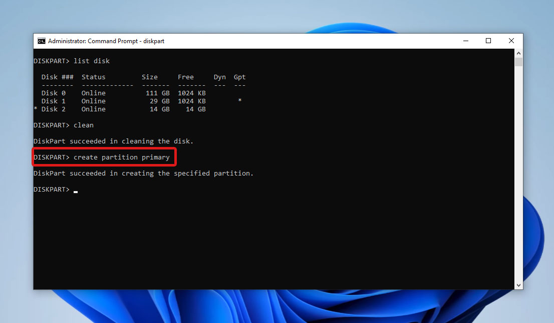 command prompt create partition primary