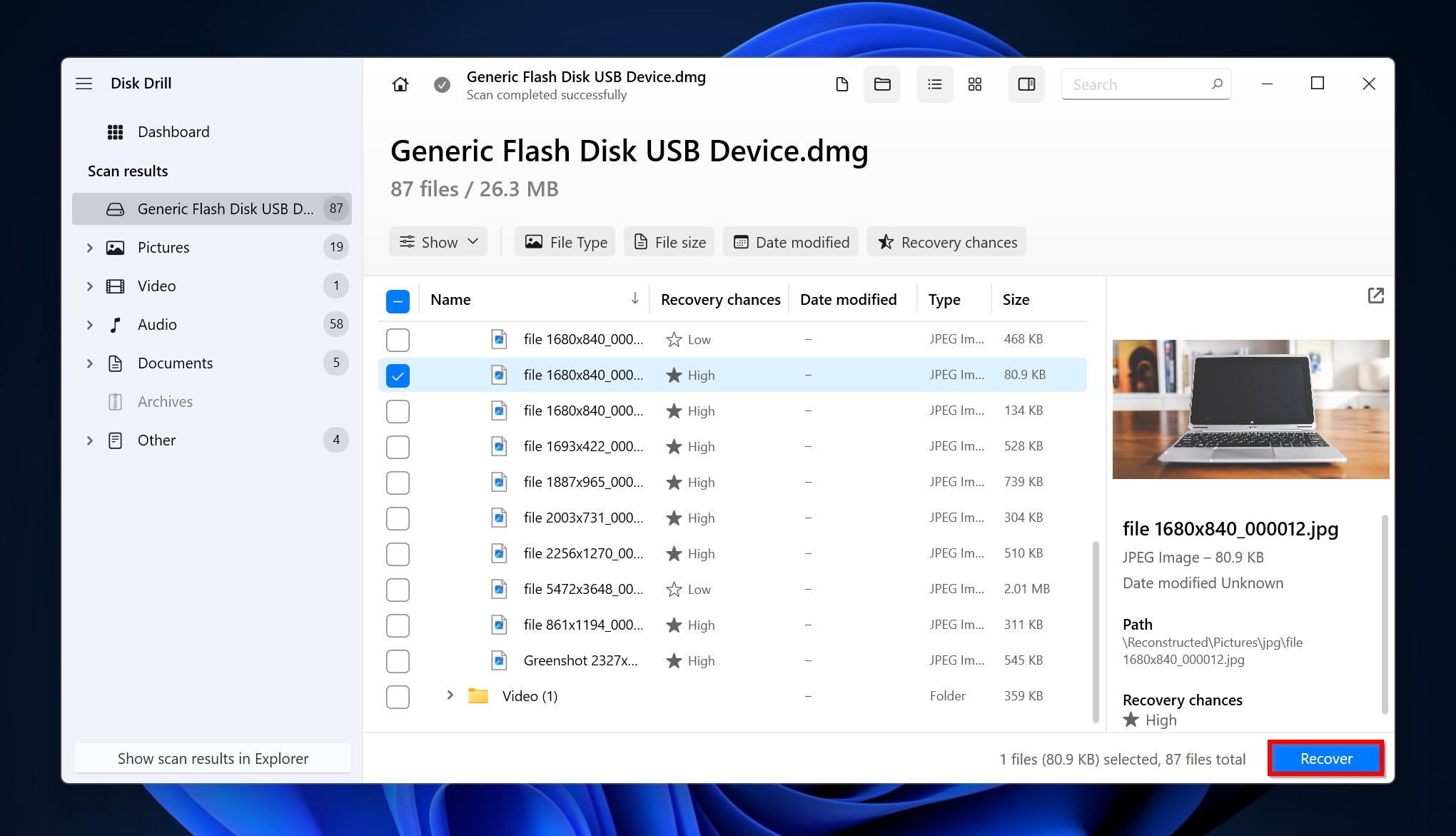 List of recoverable files in Disk Drill.