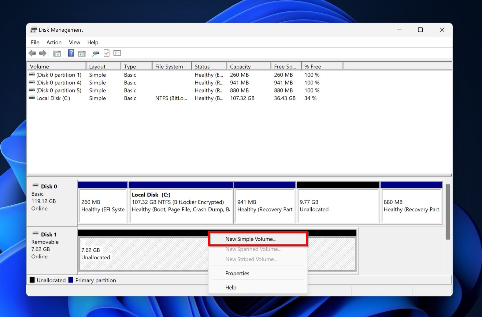 New Simple Volume option in Disk Management.
