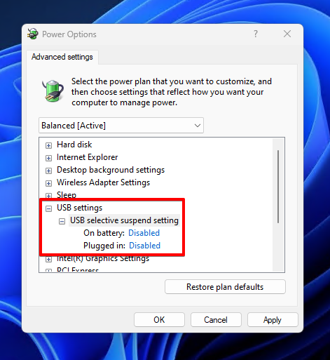 Click the dropdowns USB settings then USB selective suspend setting