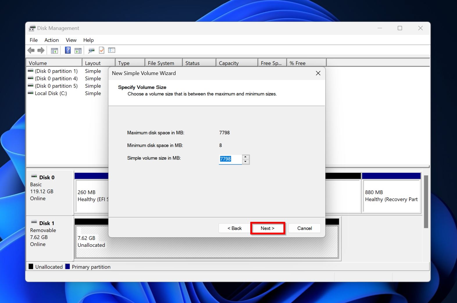 Partition size screen.