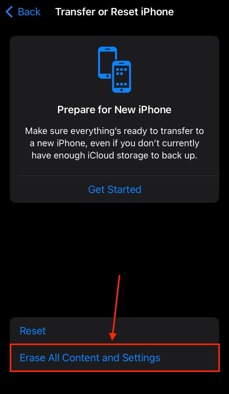Erase all content and settings in transfer or reset Iphone