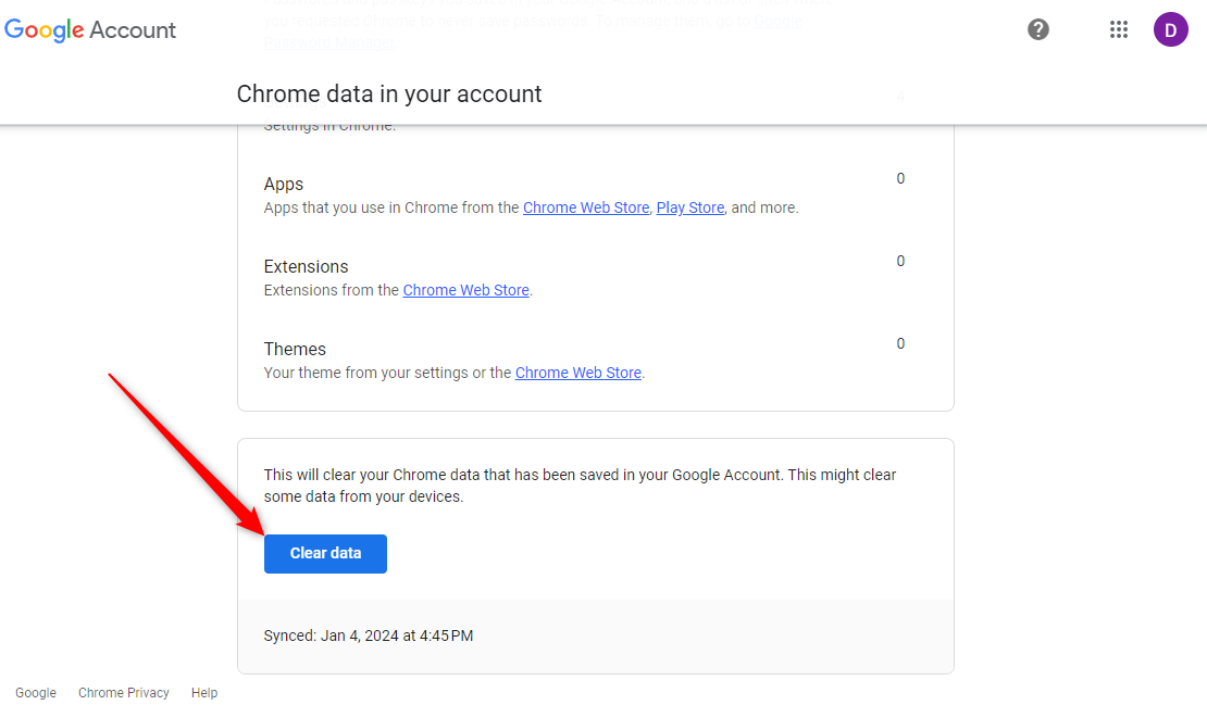 Clearing data in Google Chrome.