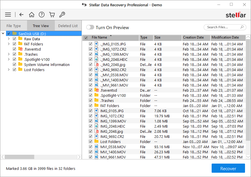 Stellar Data Recovery recovered file list in tree view mode