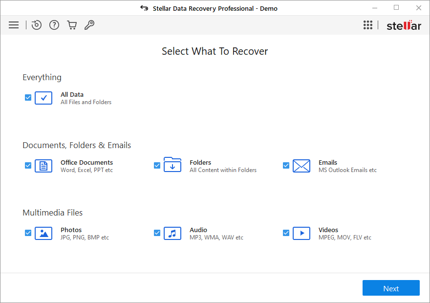 Stellar Data Recovery file type selection menu