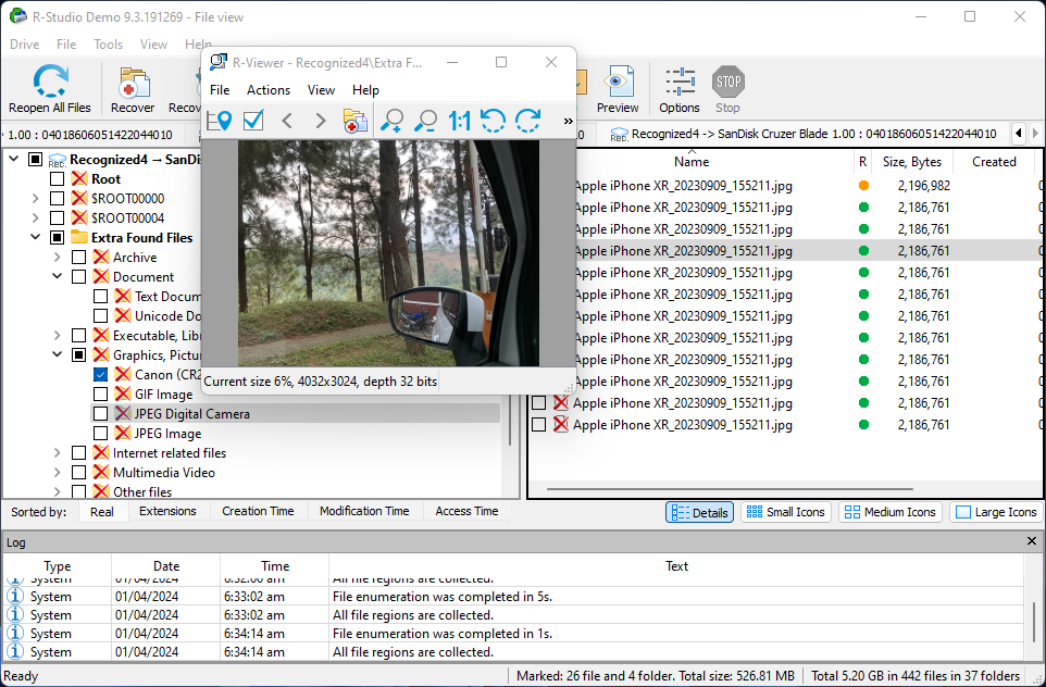 R-Studio file browing menu and preview window