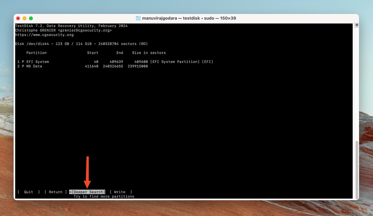 TestDisk auf dem Mac mit einer Option für eine tiefere Suche nach weiteren Partitionen.